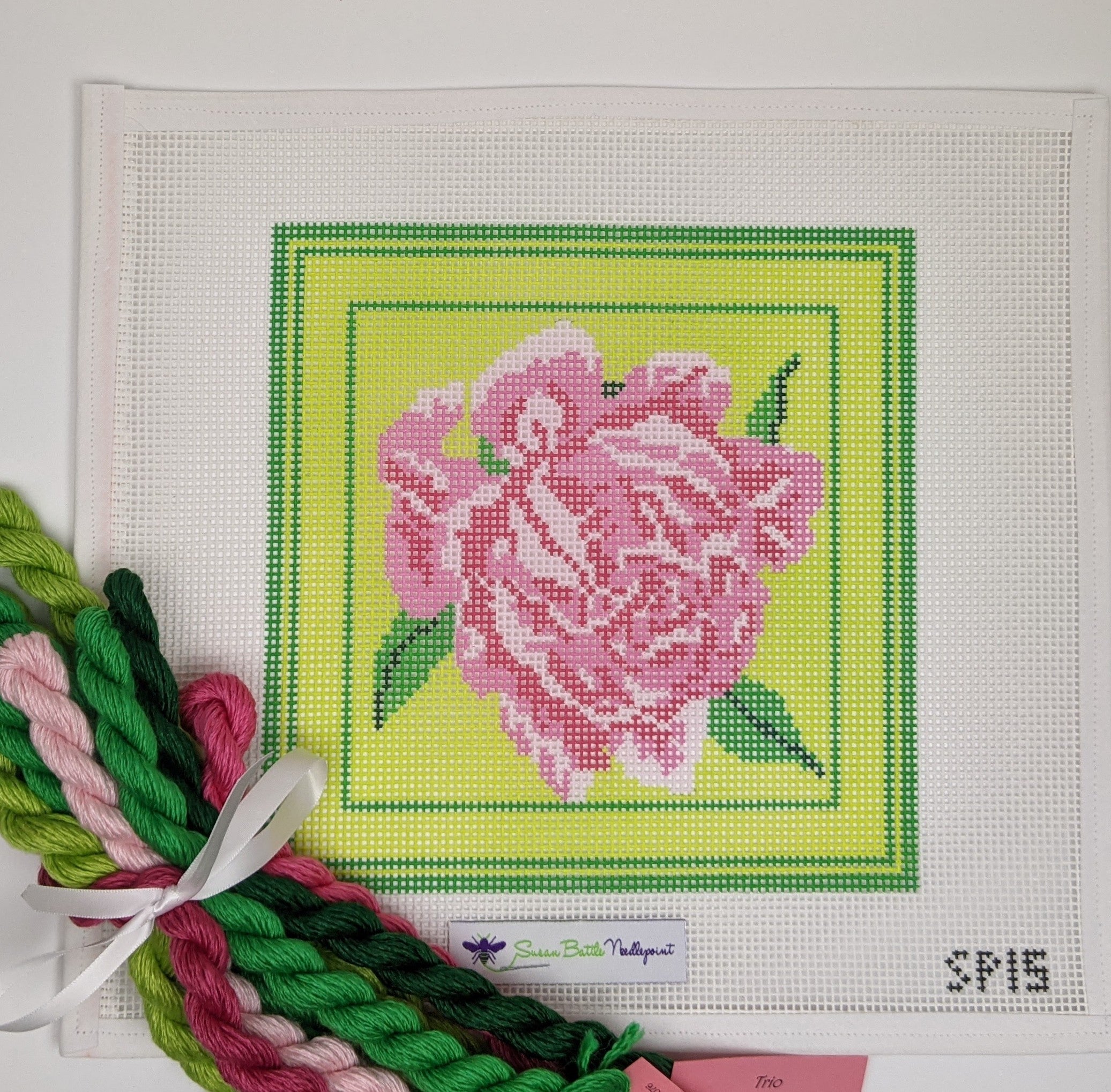 Pink Peony on Green (10 mesh) CANVAS & FIBERS KIT