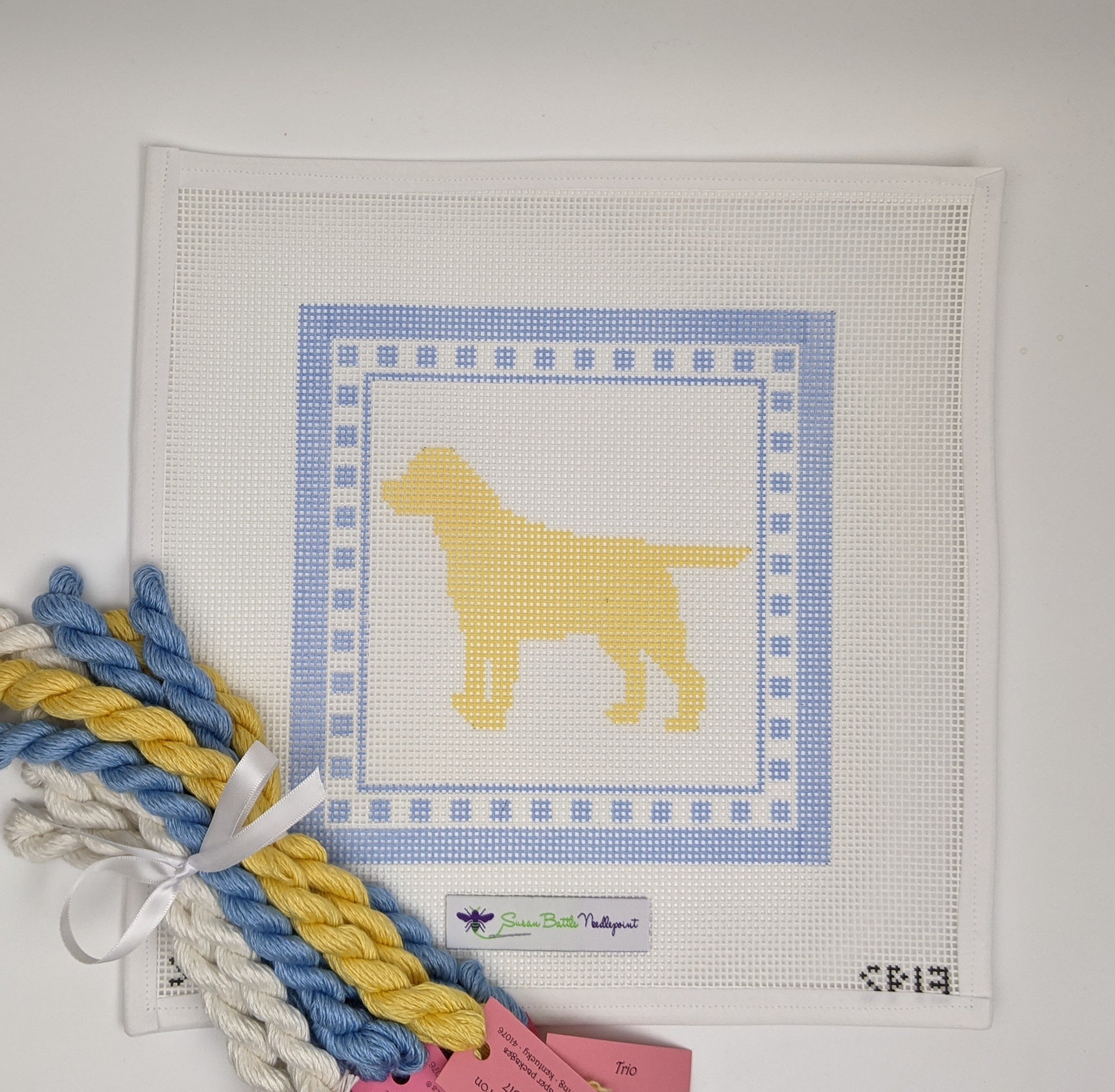 Yellow Lab Blue Border (10 mesh) CANVAS & FIBERS KIT