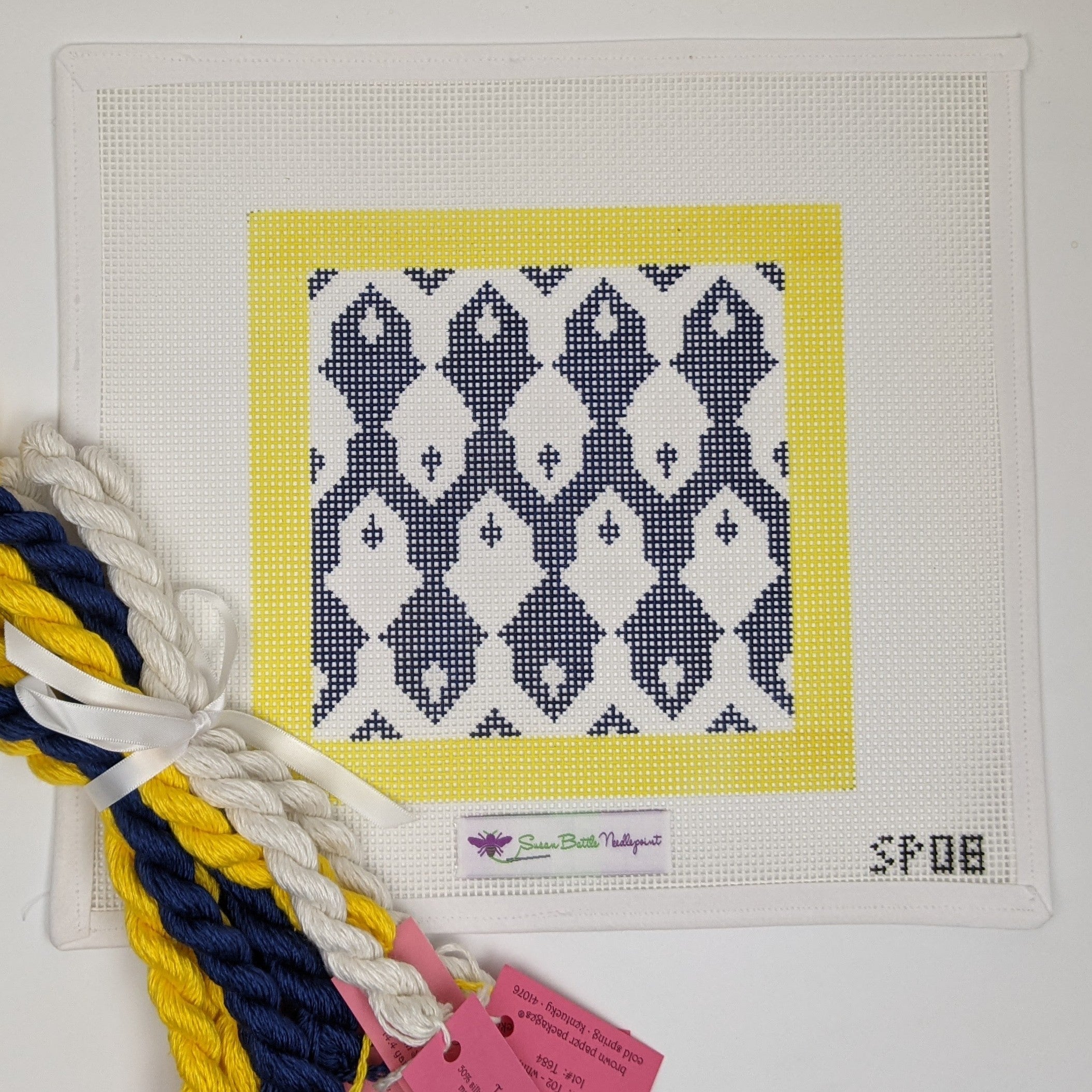 Blue & White Geometric Yellow Border (10 mesh) CANVAS & FIBERS KIT