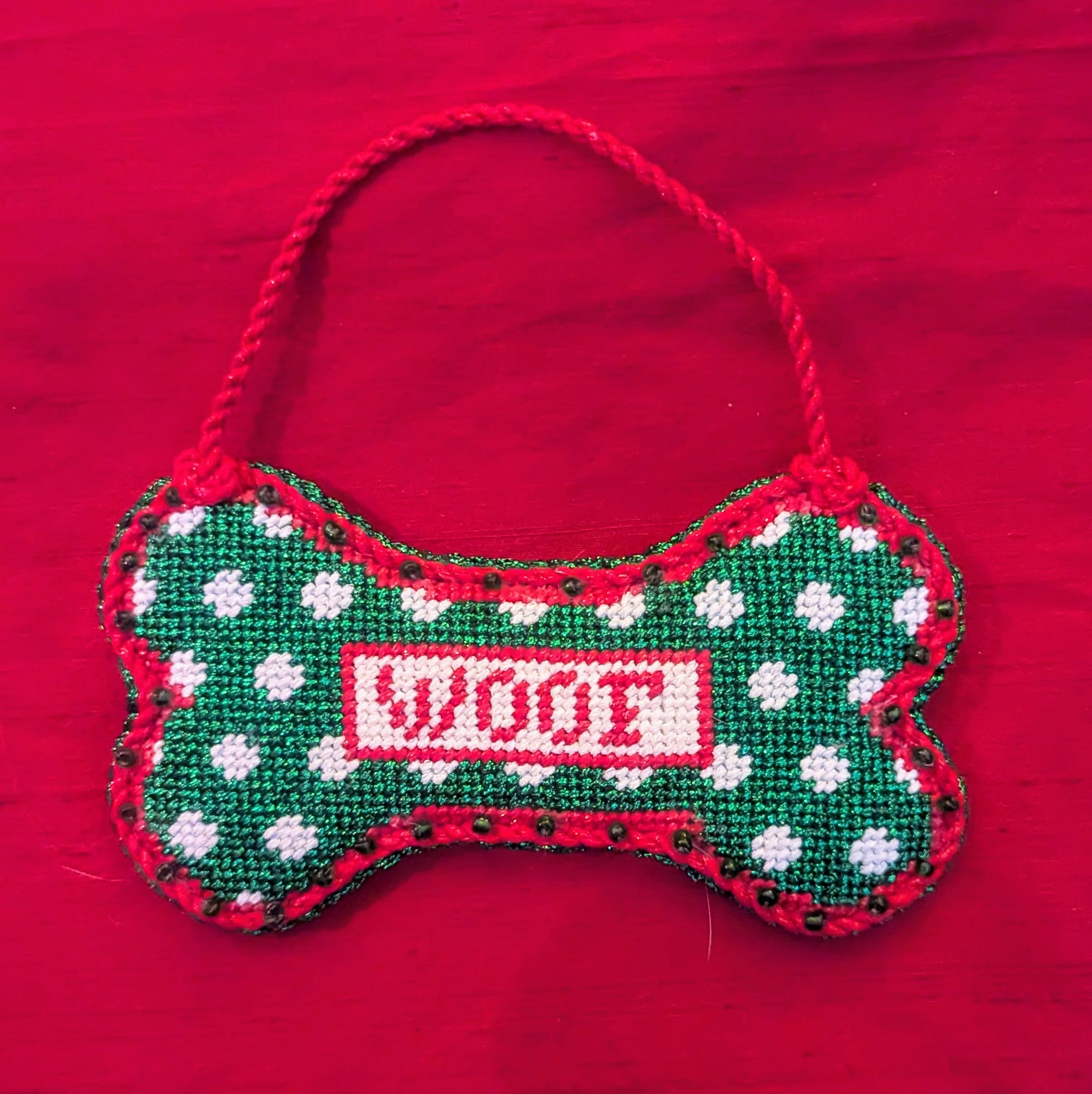 WOOF Polka Dot Dog Bone ornament