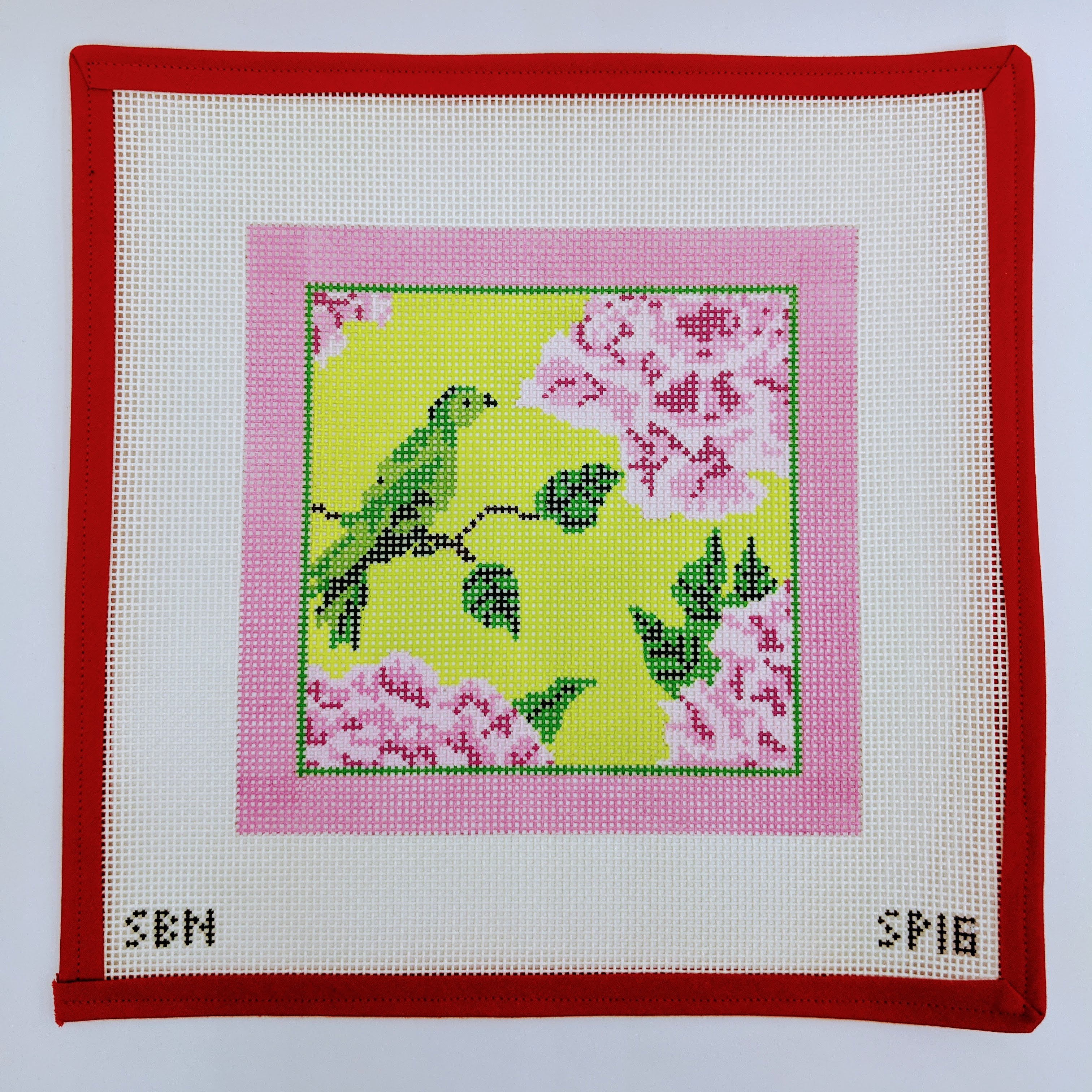 Pink & Green Floral with Bird (on 10 mesh)