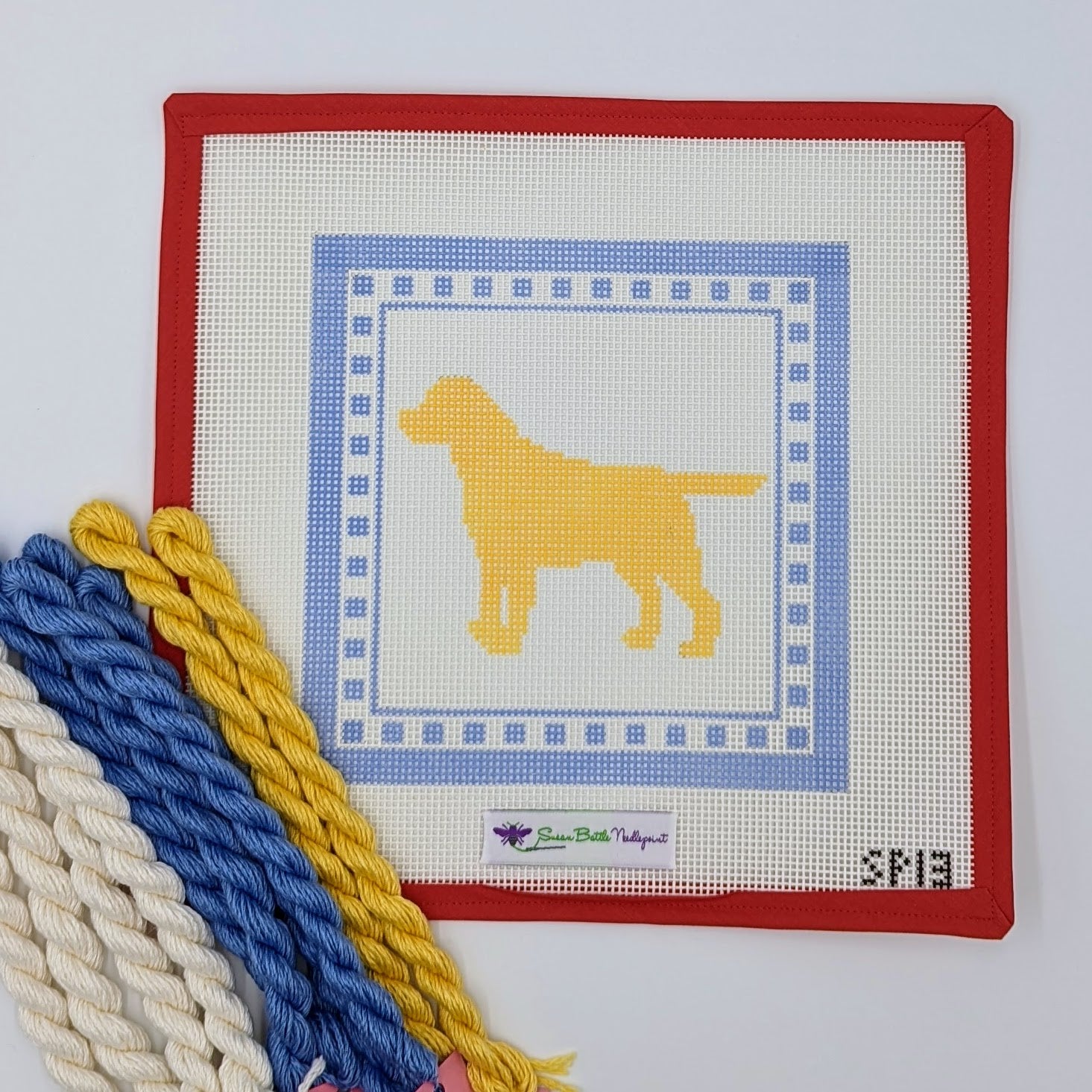 Yellow Lab with Blue Border (on 10 mesh) WITH FIBERS