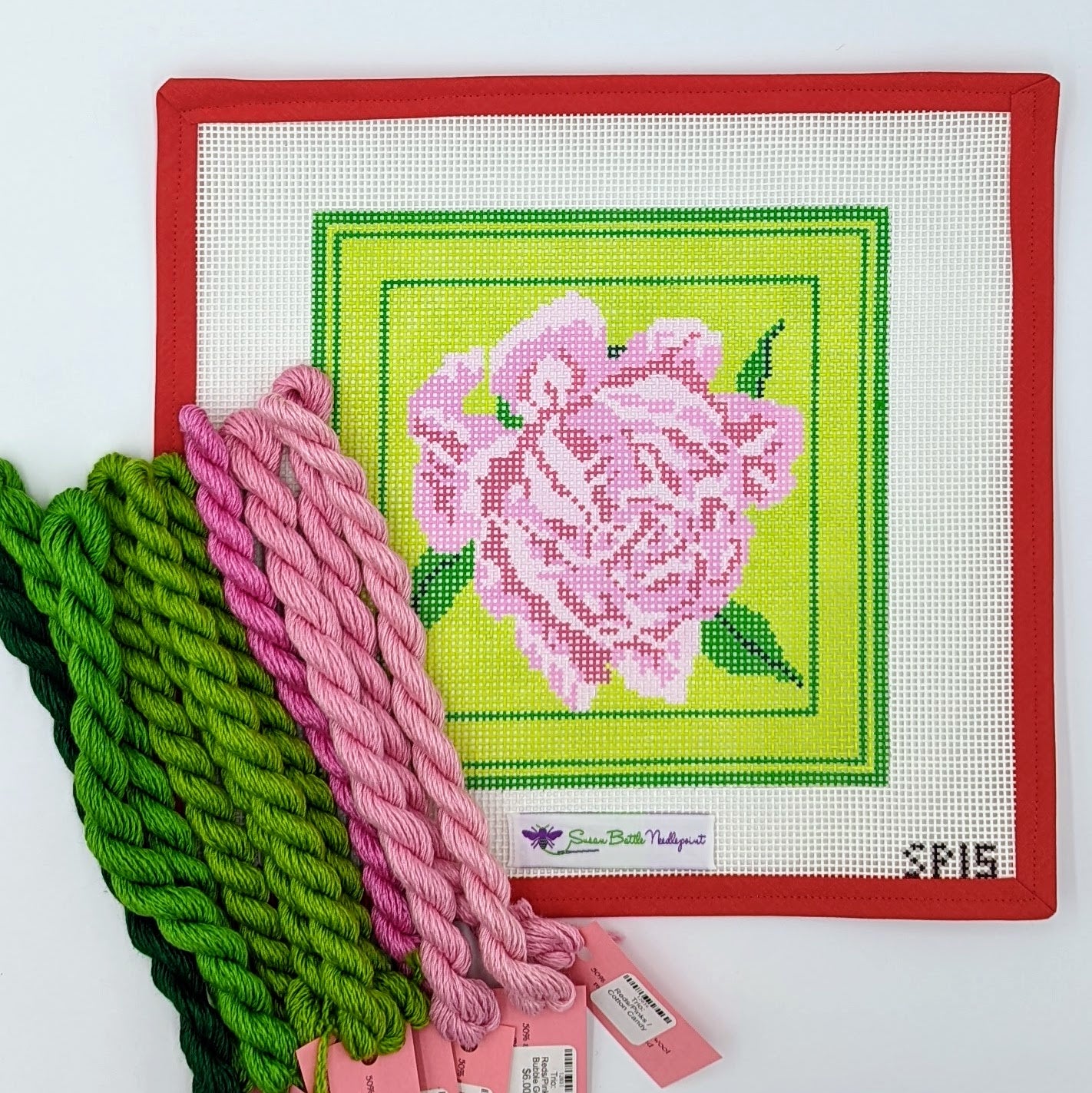 Pink Peony on Green (on 10 mesh) WITH FIBERS