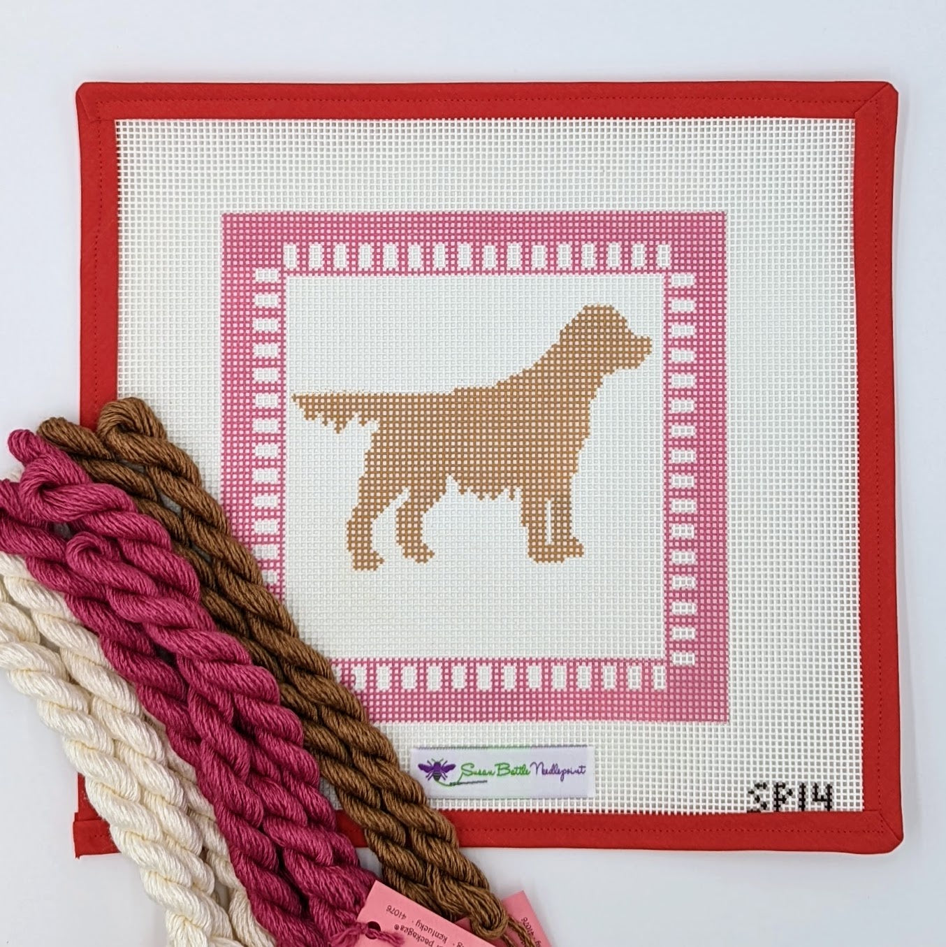 Golden Retriever with Pink Border (on 10 mesh) WITH FIBERS