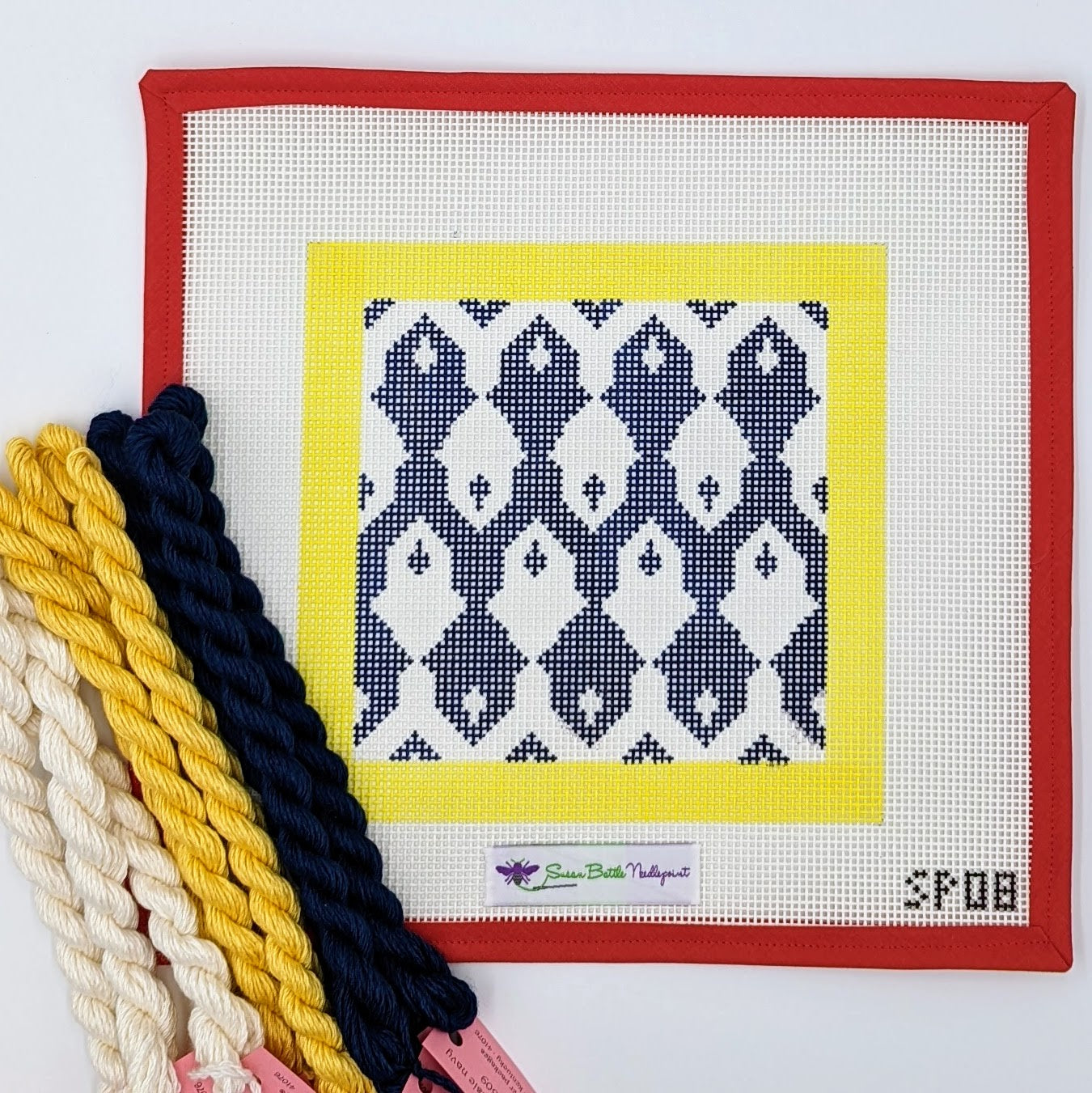 Blue & White Geometric with Yellow Border (on 10 mesh) WITH FIBERS