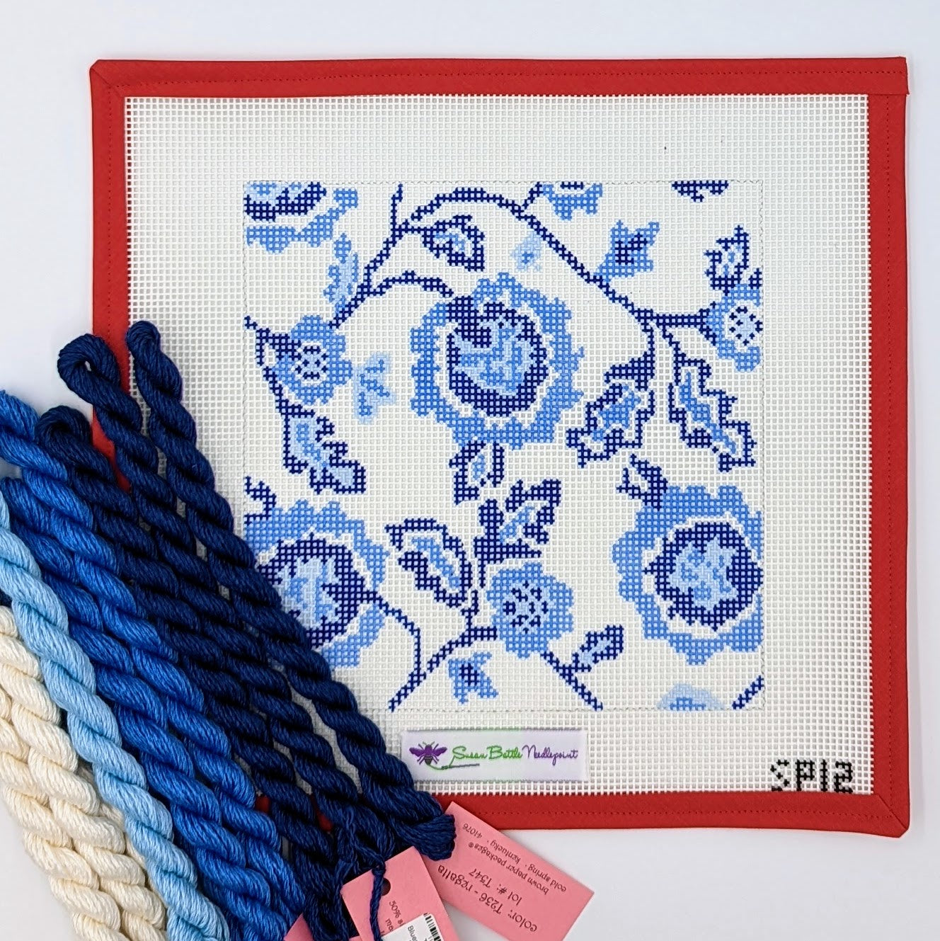 Blue & White Floral (on 10 mesh) WITH FIBERS