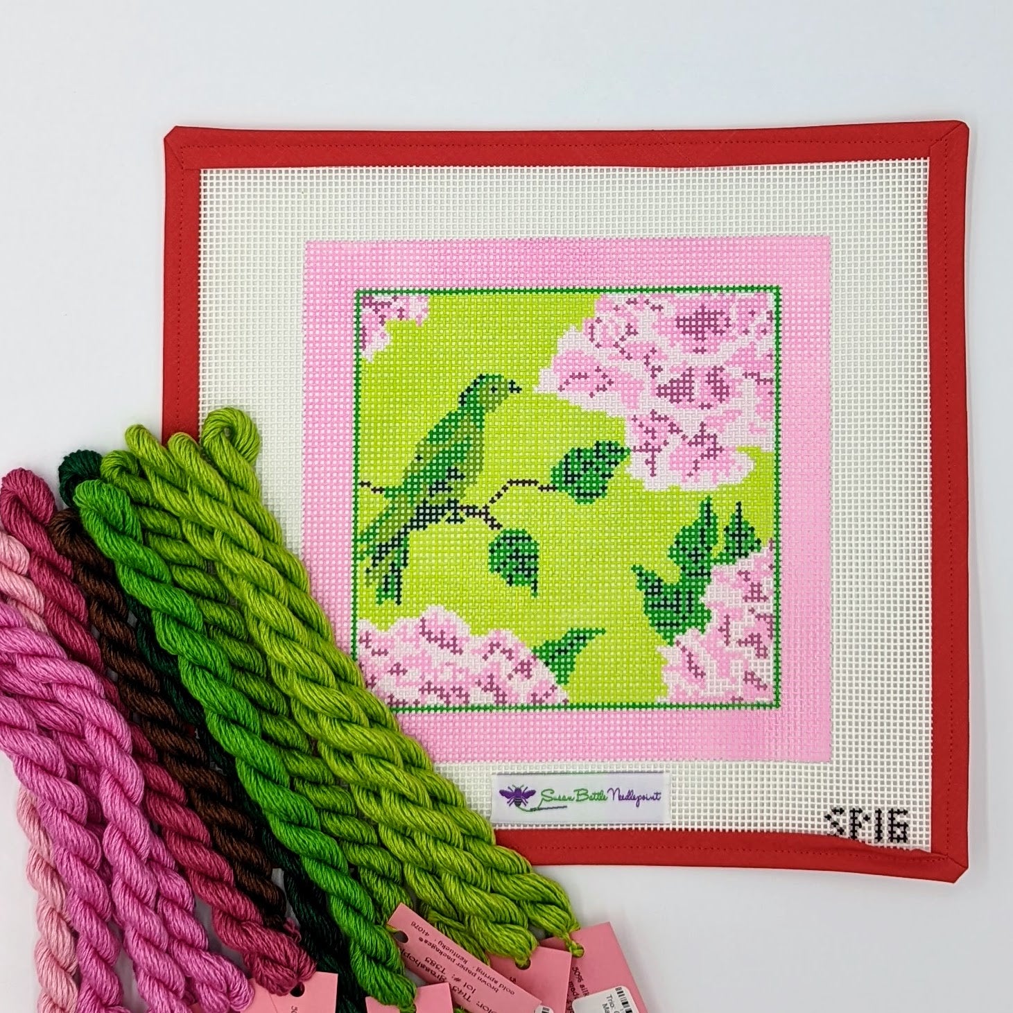 Pink & Green Floral with Bird (on 10 mesh) WITH FIBERS