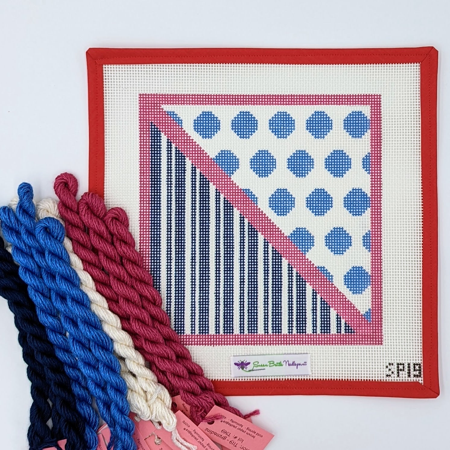 Blue Polka Dots and Stripes with Pink (on 10 mesh) WITH FIBERS