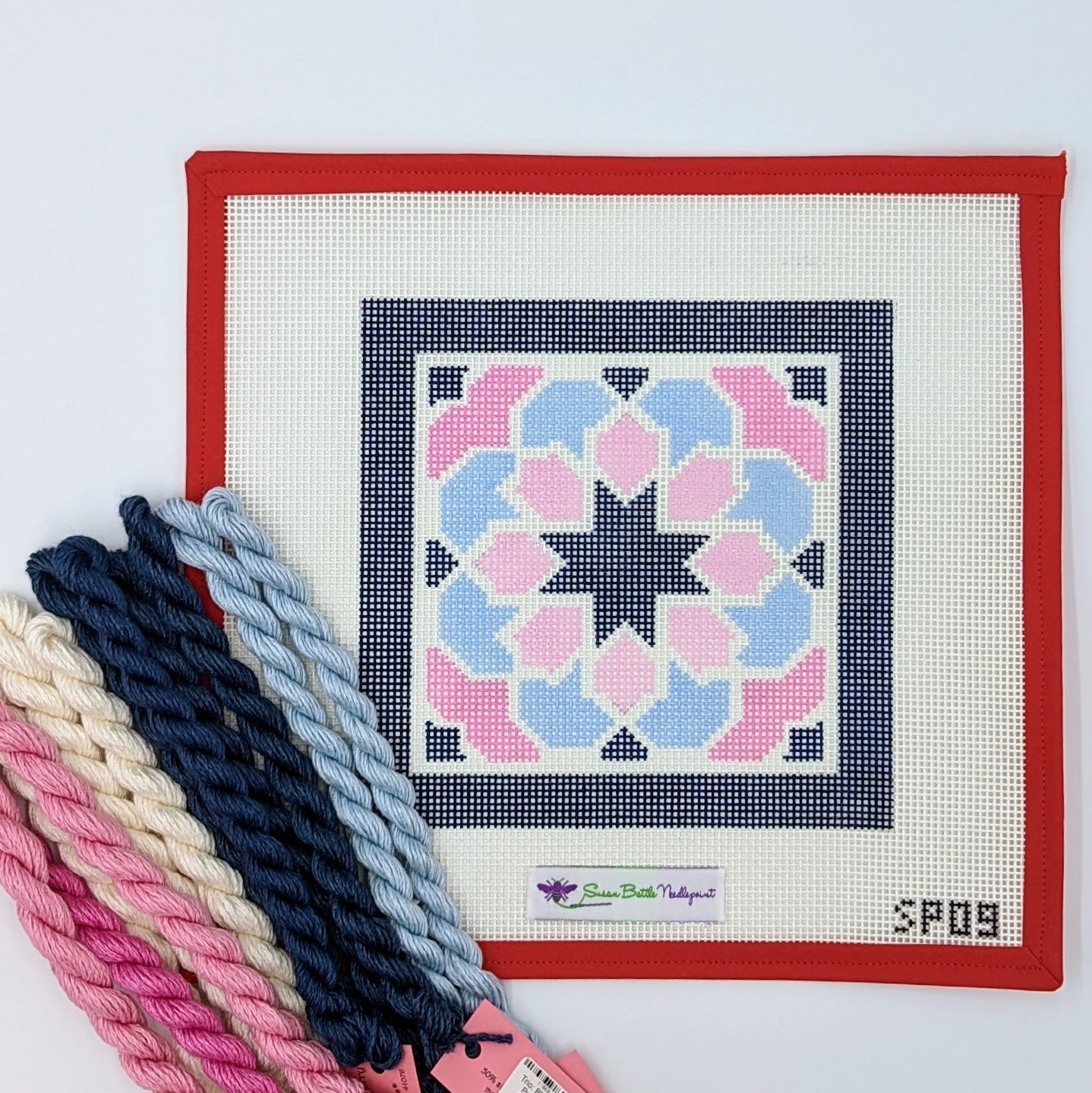 Pink & Blue Geometric with Navy Border (on 10 mesh) WITH FIBERS